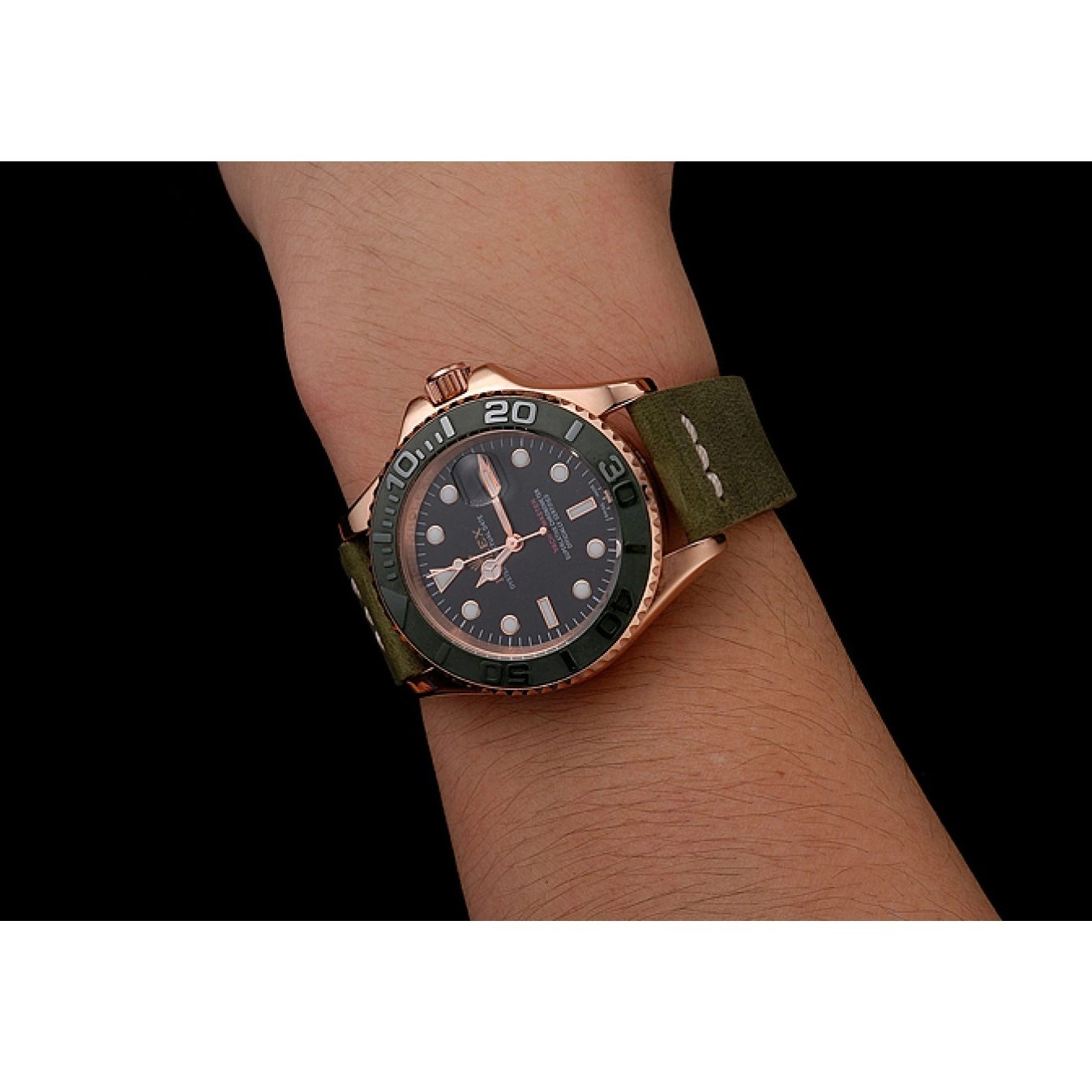 Aaa replica watch Leather Green Master Bezel Rolex Green Bracelet 1453862 Case Yacht Black Gold Rose Dial 0615